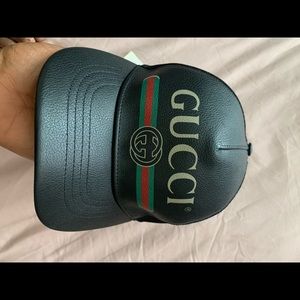 Gucci Black Leather Cap with Green and Red Stripe